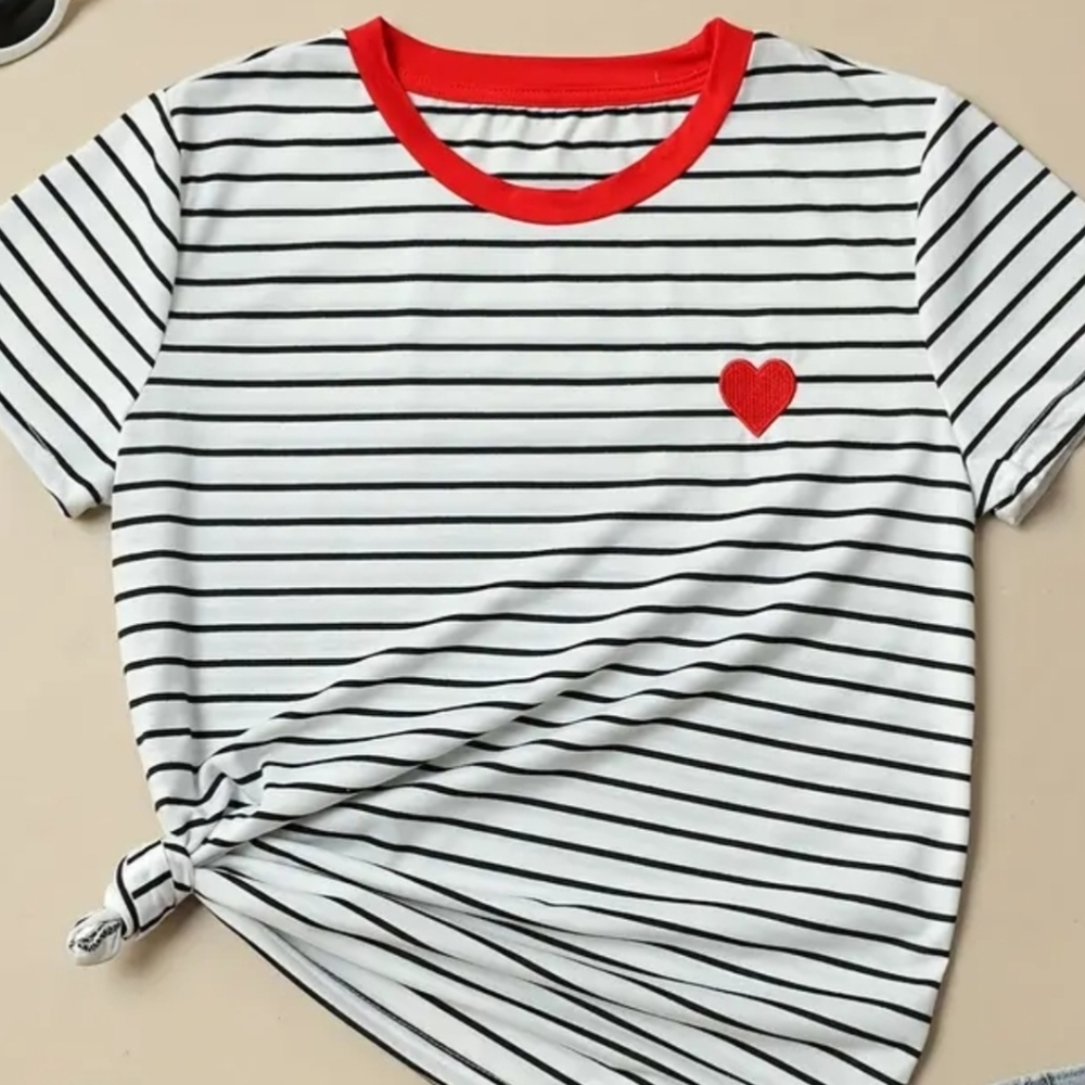 Striped woman’s T-Shirt with Red Heart Accent - Picture 2 of 4
